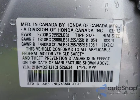 2012 Acura Mdx Technology Package z USA, uszkodzony, nr VIN 2HNYD2H31CH526634